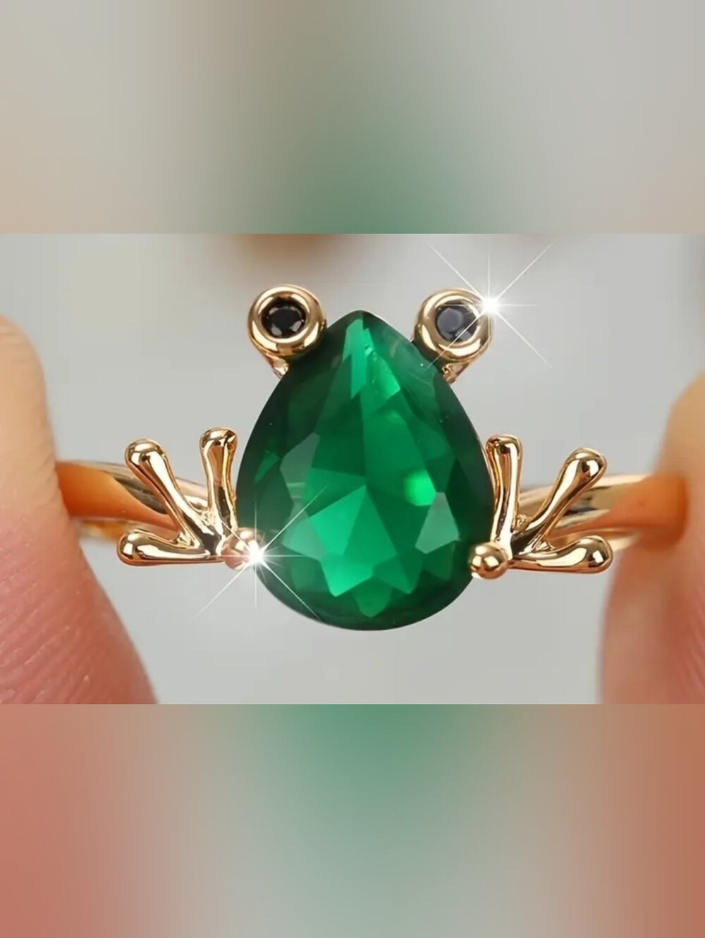 Gold Frog Ring with Green Teardrop Stone
